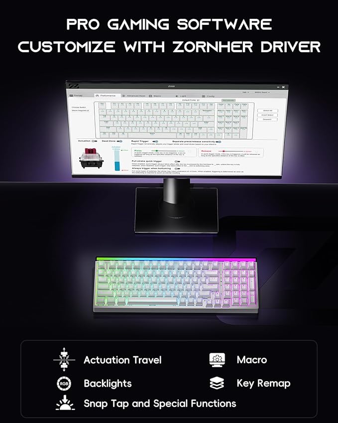 ZORNHER ZH99HE Mechanical Gaming Keyboard, Full Size White Gaming Keyboard with Creamy Switch,Soft RGB Backlit Light Box,Adjustable Actuation & Rapid Trigger, Hall Effect Technology