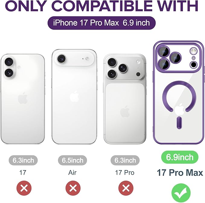 Hython Magnetic Clear for iPhone 17 Pro Max Case with Camera Lens Protector [Compatible with MagSafe] Plating Edge Slim Soft TPU Cover Protective Phone Case for iPhone 17 Pro Max 6.9", Matte Purple