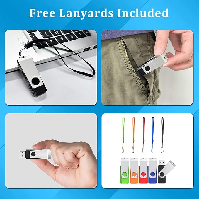 5 Pack 16GB Flash Drive, Wooolken USB 2.0 Memory Stick with Lanyards Swivel USB Stick for Data Storage and Backup (5 Mixed Colors: Black Red Blue Orange Green)