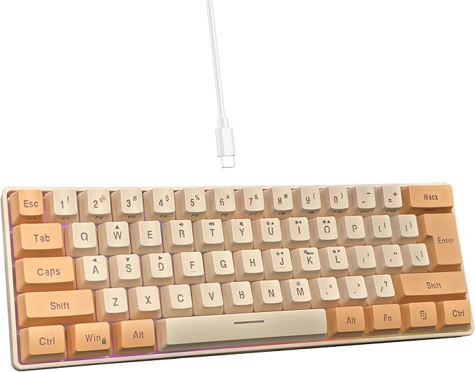 Snpurdiri 60% Wired Gaming Keyboard, RGB Backlit Ultra-Compact Mini Keyboard, Waterproof Mini Compact 61 Keys Keyboard for PC/Mac Gamer, Typist, Travel (Orange and Cream)