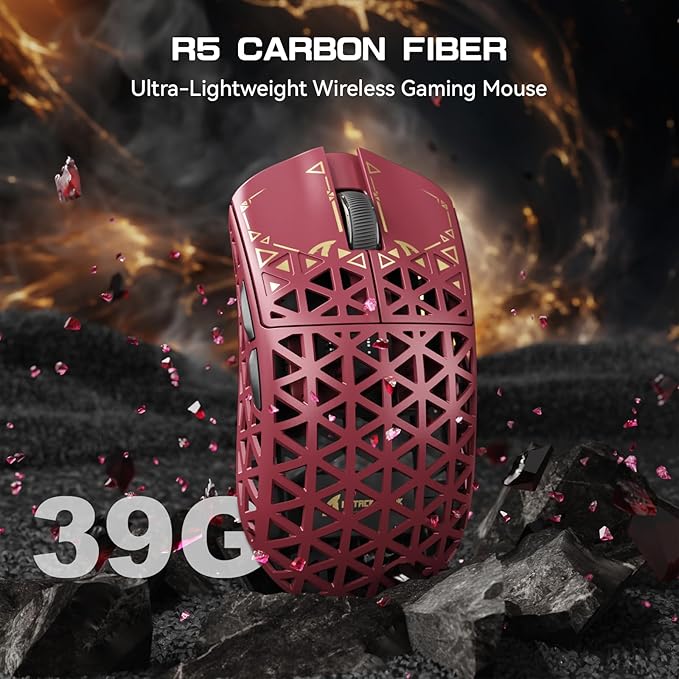 ATTACK SHARK R5Ultra 8K Carbon Fiber Wireless Gaming Mouse with 42000 DPI -PAW3950 MAX Sensor -39g Ultra-Lightweight-Nordic 52840 MCU Chip-Wired/BT/2.4GHz Wirelss Programmable Mouse for PC/Mac (Red)