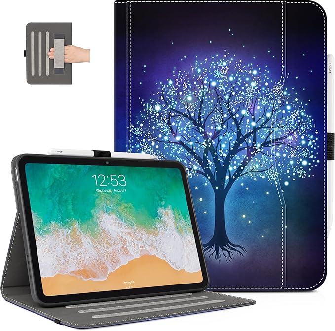 for iPad (A16) 11Th/10Th Generation Case 2025/2022, for iPad Case 11Th/10Th Generation, 10Th/11Th Gen iPadCase Cover Pencil Holder/Hand Strap/Pocket/Adjustable Stand, Blue Star Tree