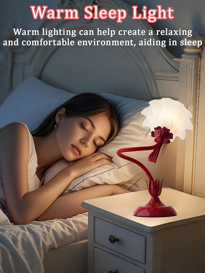 AQDZCNF Flower Table Lamp,LED Reading Light Bedside Vintage Flower Night Light,3 Colors Modes Kawaii Bedside Lamps Decor,Living Room Bedroom Room Lighting Table Lamps Home Decoration (Red)