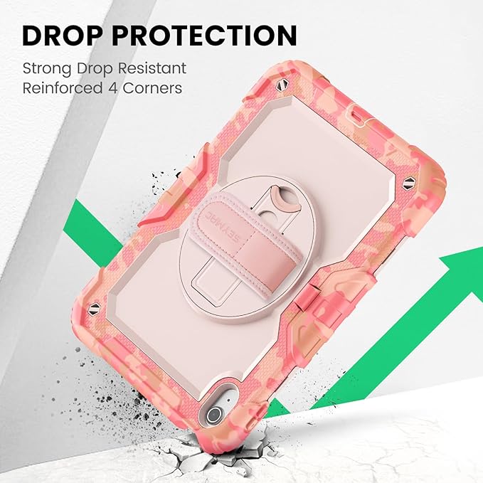 SEYMAC Case for iPad (A16) 11th/10th Generation 2025/2022 (11″/10.9″), Heavy Duty Full-Body Shockproof Protective Case with Screen Protector, Rotating Stand, Hand/Shoulder Strap, Multicolor/Pink
