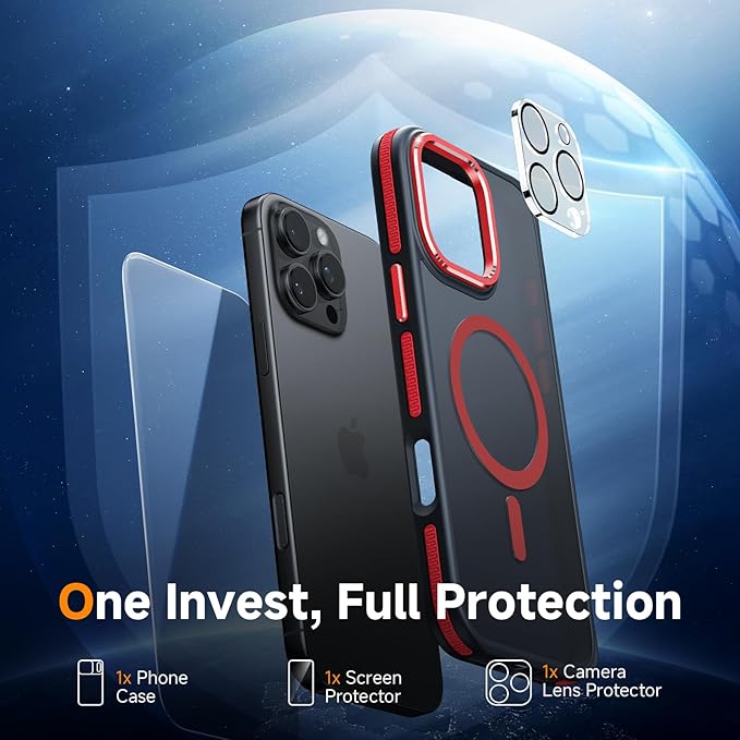Magnetic 3 in 1 for iPhone 16 Pro Case, [Omni-Directional Protection] with 1x Screen Protector + 1x Camera Cover, [Seamless Work with Magsafe] Shockproof Slim Thin Matte Case for iPhone 16 Pro Red