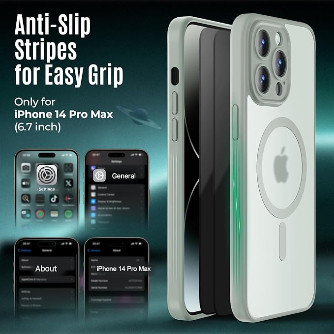 Symcele Designed for iPhone 14 Pro Max Case, Compatible with MagSafe, with Privacy Screen Protectors X2, [Camera Protection] [15FT Military Drop Protection] Shockproof Phone Case, 6.7", Calke Green