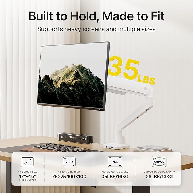 monTEK Single Monitor Arm with USB for Max 45 Inch Ultrawide Screens Adjustable Monitor Desk Mount Holds 35 Lbs Cable Management with C Clamp/Grommet Desk Mount, VESA 75/100mm