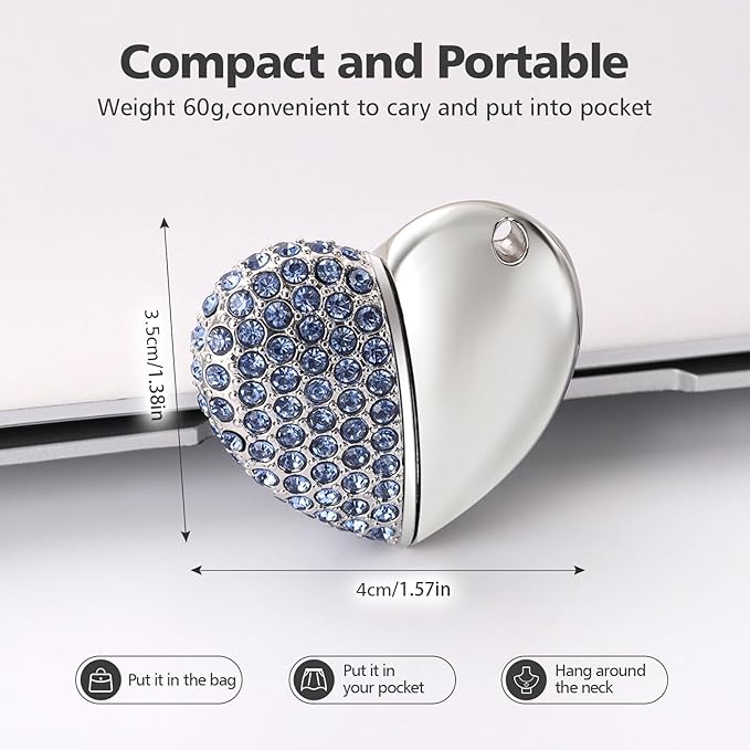 USB 2.0 Flash Drive,Cute Romantic Heart Shape USB Memory Stick,Thumb Drive for Photos, Music, Files Storage (Blue, 64, GB)