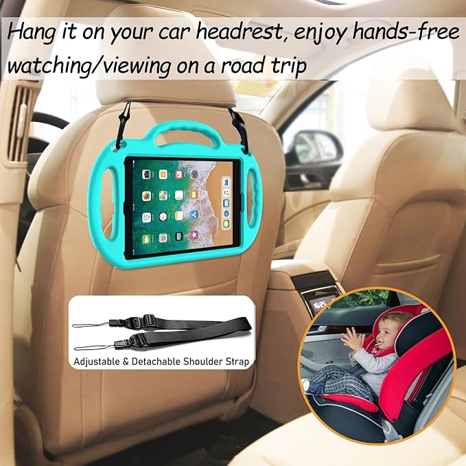 LTROP Kids Case for iPad 5th/6th Generation (9.7 inch, 2017/2018), iPad Air 1 & Air 2 & Pro 9.7 Kids Case with Shoulder Strap Handle Stand for iPad 5/6 & iPad Air 1st/2nd Gen, Turquoise