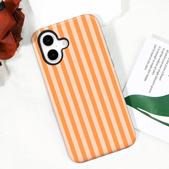 Magnetic for iPhone 16 Case Cute Stripes Phone Case, Shockproof Slim TPU and Hard PC Protective Phone Cover Compatible with MagSafe Designed for Women Girls, Orange
