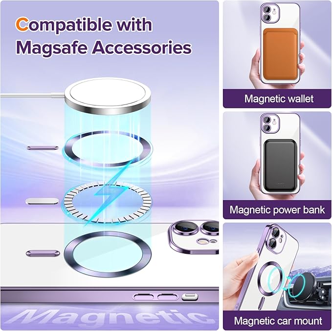 Hython Magnetic Clear for iPhone 11 Case with Camera Lens Protector [Compatible with MagSafe] Luxury Plating Edge Slim Soft TPU Cover Protective Phone Case for iPhone 11 6.1", Deep Purple