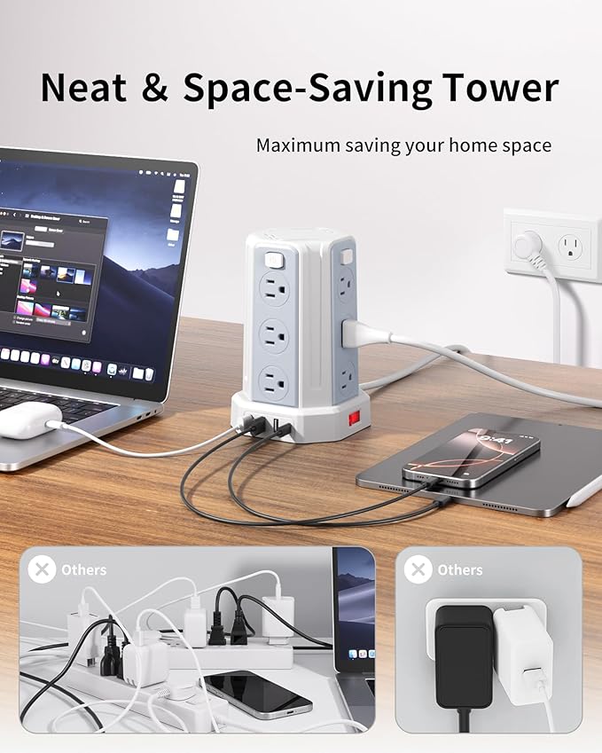 Power Strip Surge Protector, 6.5 Ft Extension Cord with 12 AC Multiple Outlets 4 USB (1 USB C), SMALLRT Power Tower Desktop Charging Station