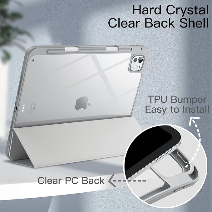JETech Case for iPad Pro 11-Inch M5/M4 2025/2024 (6th/5th Generation) with Pencil Holder, Clear Transparent Back Shell Slim Stand Shockproof Tablet Cover, Auto Wake/Sleep (Silver)
