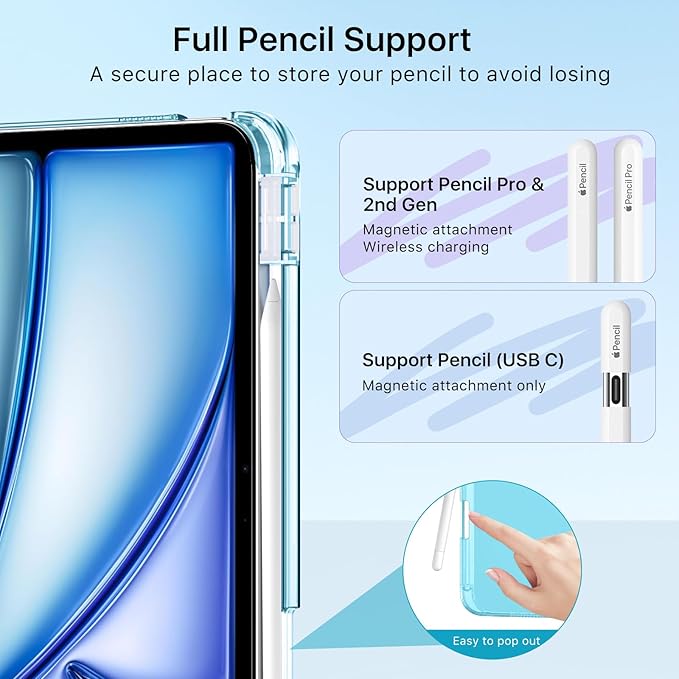 MoKo for iPad Air 11 inch Case (M4/M3/M2) 2026/2025/2024, iPad Air 5th/4th Gen 10.9 inch Case 2022/2020 with Pencil Holder, Slim Light Trifold Cover with Hard PC Translucent Back Shell, Cyan