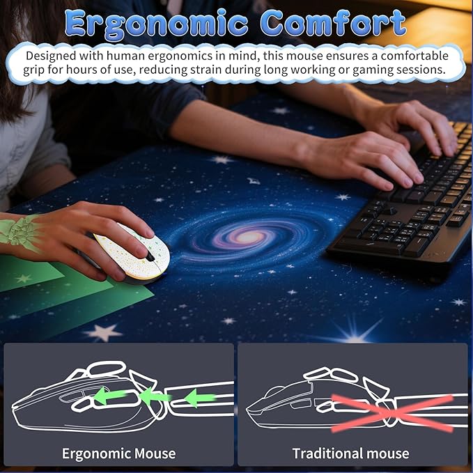 elec Space Bluetooth Wireless Mouse with Starry Sky RGB Backlight& Gradient Breathing Light - Ergonomic Dual Mode Rechargeable Mouse, Type-C Charging - Perfect for Office, Gaming & Travel (White)