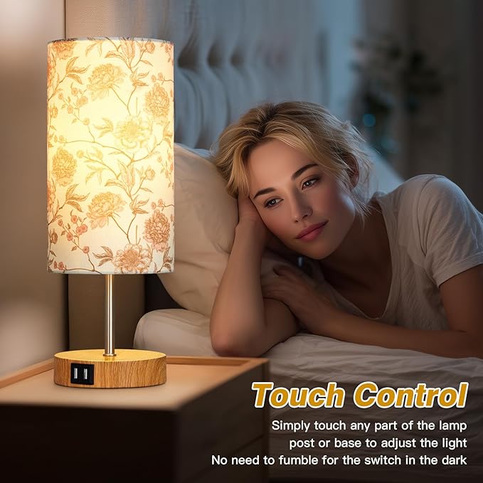 CINSARY Bedside Touch Lamp with Flower Fabric Shade, 3 Way Dimmable Wood Bedroom Lamp for Nightstand with 2 USB Charging Ports, Small Table Lamp for Living Room Reading Desk (LED Bulb Included)