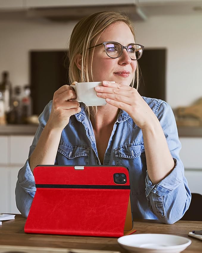 DTTO Case for iPad Pro 11 Inch 4th / 3rd / 2nd / 1st Generation 2022/2021/2020/2018,Premium PU Leather Folio Stand Cover with Hand Strap, Auto Wake/Sleep,Multiple Viewing Angles, Bright Red
