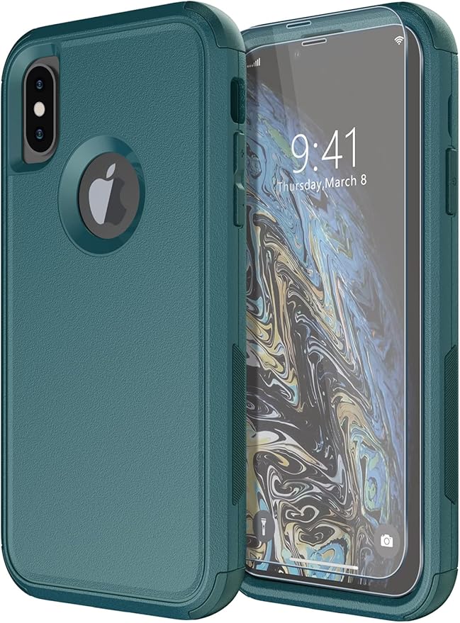Diverbox for iPhone X Case/iPhone Xs Case [Shockproof] [Dropproof] [Tempered Glass Screen Protector ] Heavy Duty Protection Phone Case Cover for Apple iPhone X/XS (Dark Green)