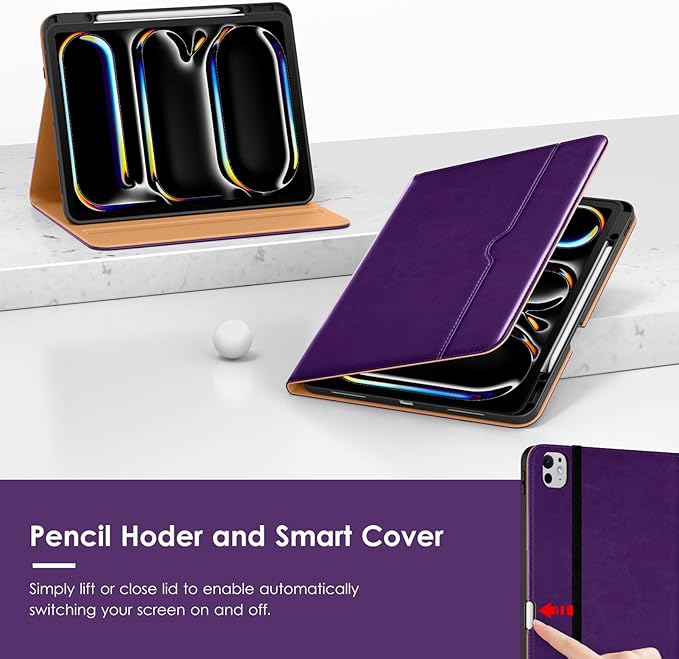 VIKESI Case for iPad Pro 13-inch M5 or M4 Released in 2025 or 2024, Leather Stand Cover with Apple Pencil Holder, Auto Wake/Sleep, Multiple Viewing Angles, Built in Hand Strap & Pocket,Dark Purple