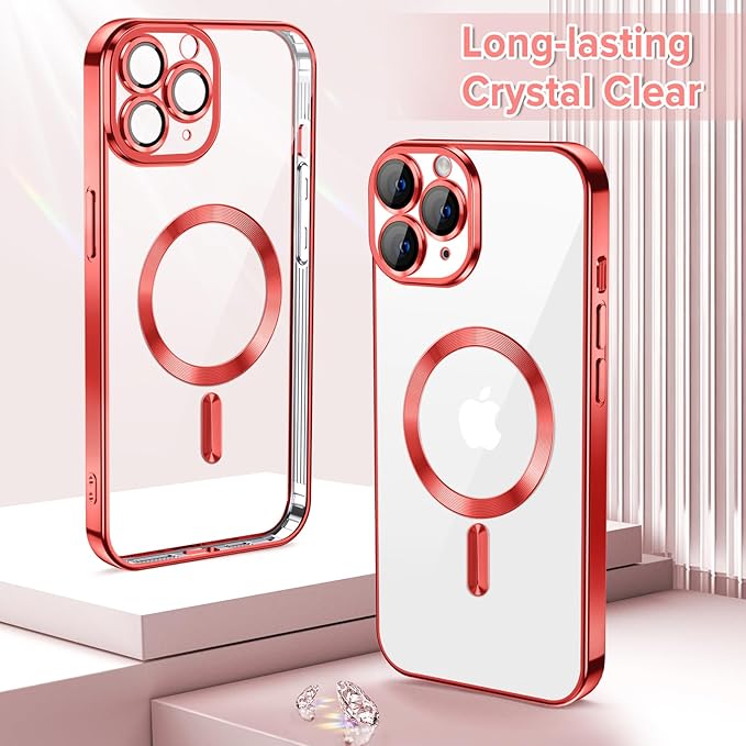 Hython Magnetic Clear for iPhone 11 Pro Max Case with Camera Lens Protector [Compatible with MagSafe] Plating Edge Slim Soft TPU Cover Protective Phone Case for iPhone 11 Pro Max 6.5", Red