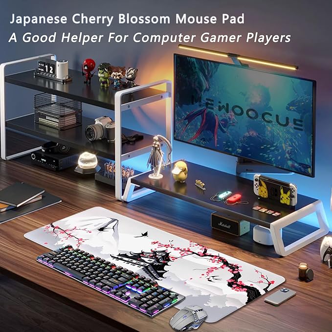 Japanese Cherry Blossom Gaming Mouse Pad 31.5x11.8in Pink Full Desk Japanese Sakura Gaming Mouse Pad Large Non-Slip Rubber Base Waterproof Big Keyboard Mat with Stitched Edges for Game Office