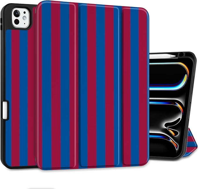 DONGKE Case for iPad Pro 11 inch (M5 2025 / M4 2024, 6th & 5th Generation) – [Built-in Pencil Holder] Ultra Slim PU Leather Trifold Stand Cover with Soft TPU Back, Auto Wake/Sleep, Red Stripes