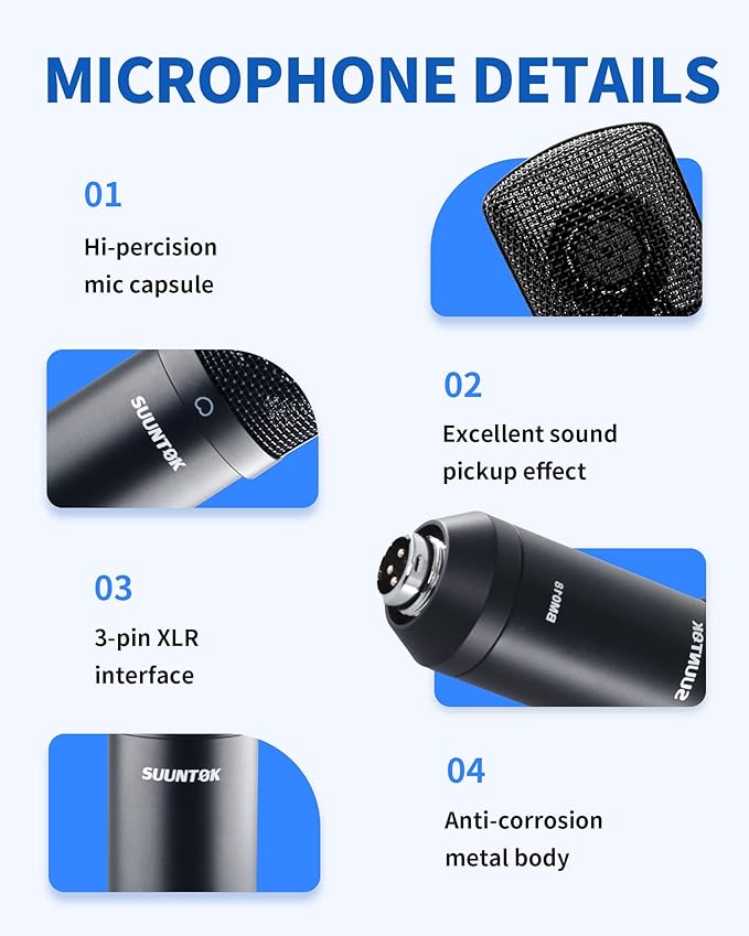 SUUNTOK XLR Condenser Microphone Recording Microphone for PC Computer Home Studio Cardioid Podcast Mic Kit for Streaming, ASMR, YouTube, Voice-Over, Gaming, Vocal (Black)