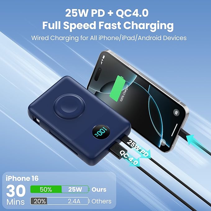 Magnetic Portable Charger for MagSafe with Built-in Cable,iWatch Charger,10800mAh Wireless Power Bank Travel Essentials,25W PD Fast Charging Battery Pack for iPhone 17/16/15/14/13/12,Apple Watch-Navy