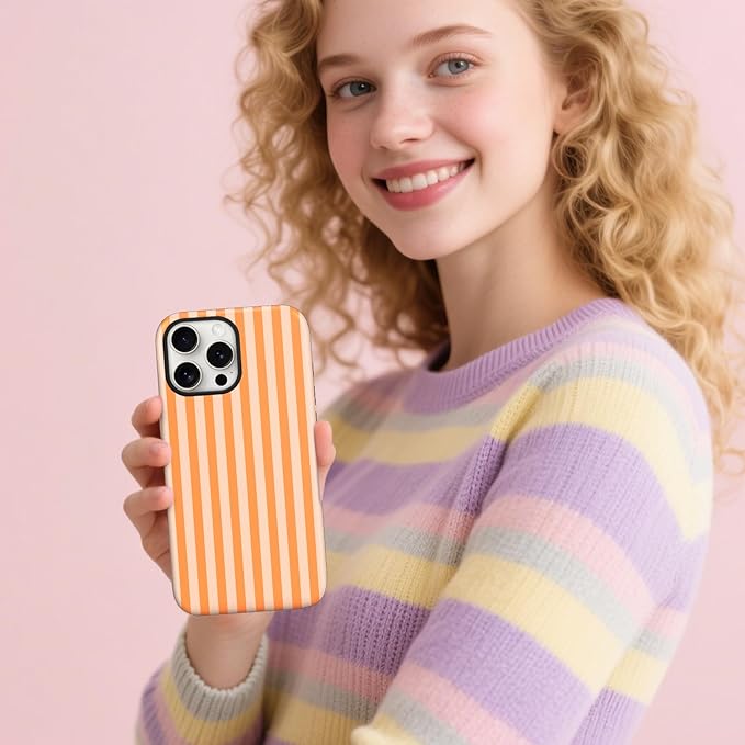 Magnetic for iPhone 13 Pro Case Cute Stripes Phone Case, Shockproof Slim TPU and Hard PC Protective Phone Cover Compatible with MagSafe Designed for Women Girls, Orange