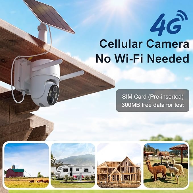 HOSAFE.COM 4G LTE Cellular Security Camera No Internet Needed,2K Solar No WiFi Security Camera Outdoor Wireless with SIM Card Jobsite, 360 Live View, Motion Detection, Free Cloud Storage(Need Apply)