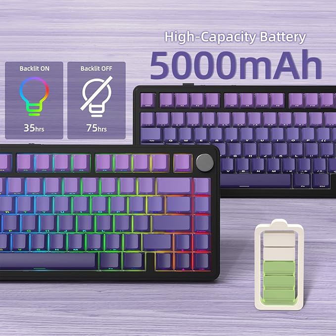 Yindiao Attack Shark X85 Wireless Mechanical Keyboard, TKL 82 Keys Bluetooth 5.0/2.4GHz/Wired Gaming Keyboard,Gasket Structure,Knob,RGB Hot Swappable Custom Keyboard for PC/Mac/PS4/Xbox(Purple)