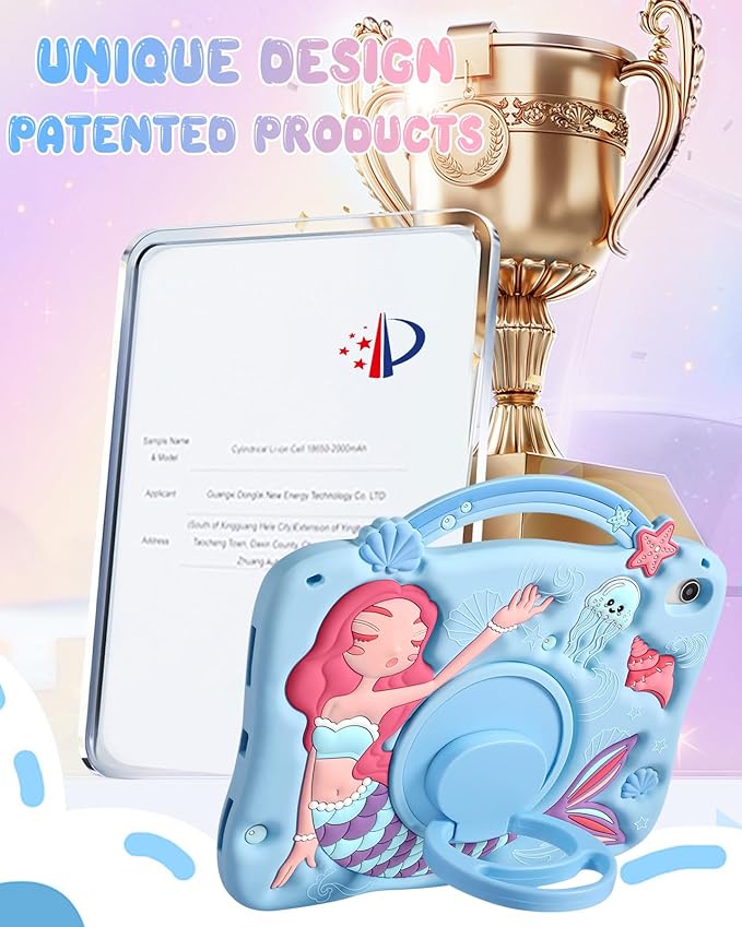 Boaretiu for iPad 10th Generation Case - Girls Teens Cute Cartoon Blue Mermaids 10.9 Inch 2022 Tablet Cover with Strap & Rotating Stand Soft 3D Silicone Funda for iPad 11th 11 Inch 2025