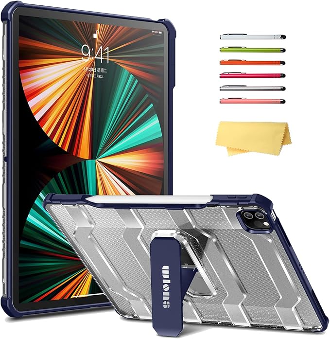 Case for iPad Pro 12.9 inch 6th/5th/4th/3rd Generation (2022/2021/2020/2018) with Pencil Holder/Kickstand Crystal Clear Hard PC Back Shockproof Heavy Duty Protective Rugged Stand Cover, Blue