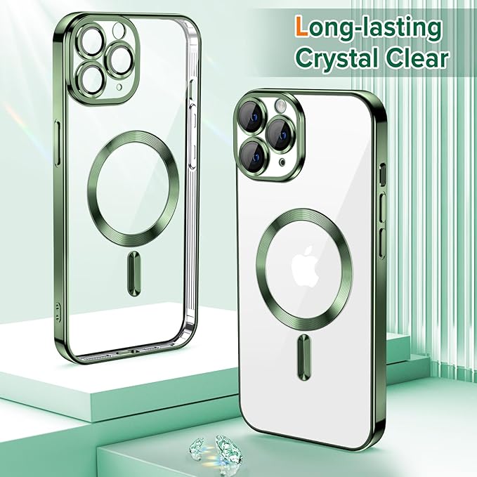 Hython Magnetic Clear for iPhone 11 Pro Case with Camera Lens Protector [Compatible with MagSafe] Luxury Plating Edge Slim Soft TPU Cover Protective Phone Case for iPhone 11 Pro 5.8", Deep Green