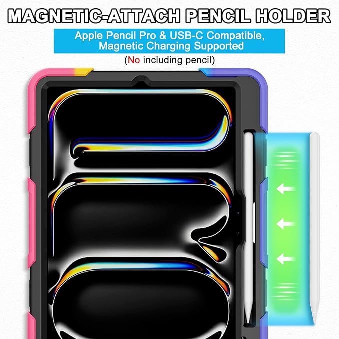 iPad Pro 11 Inch Case M5 2025/M4 2024, Heavy Duty Shockproof Protective Case with Screen Protector, 360° Rotating Stand Hand Strap Shoulder Strap Kids Cover Apple Pencil Holder