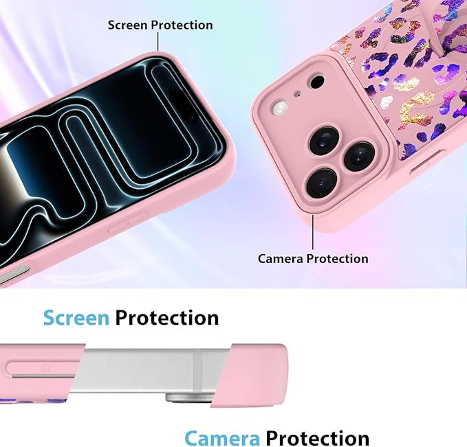 KANGHAR Compatible with iPhone 17 Pro Max Case, Support for MagSafe, Silicone Cute Iridescent Leopard Cheetah Pattern, Wristband Kickstand Shockproof Protective Slim Cover for Women Girls, Pink