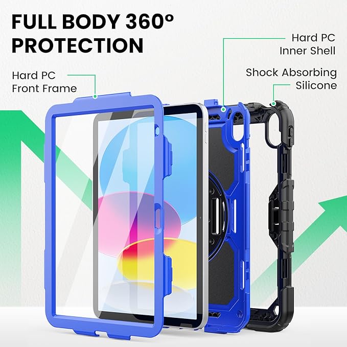 SEYMAC Case for iPad (A16) 11th/10th Generation 2025/2022 (11″/10.9″), Heavy Duty Full-Body Shockproof Protective Case with Screen Protector, Rotating Stand, Hand/Shoulder Strap, Black/Dark Blue