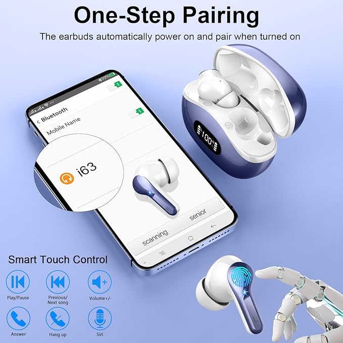 Wireless Earbuds, 48Hrs 2026 Bluetooth Headphones, Hi-Fi Stereo Deep Bass Ear Buds, ENC Noise Cancelling Mic, Clear Calls, IP-X7 Waterproof, USB Sport Earphone in Ear for Phones Laptop Pad, Navy Blue