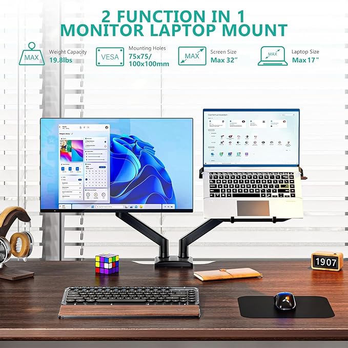 WALI Laptop Desk Mount, Dual Monitor Arm with Laptop Holder, Adjustable Height Laptop Arm Mount for Desk, Fits 17” Notebook and 32” Monitors, Up to 22Lbs (GSMP002LP), Black