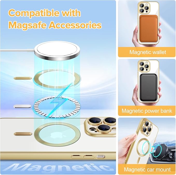 Hython Magnetic Clear for iPhone 12 Pro Max Case with Camera Lens Protector [Compatible with MagSafe] Plating Edge Slim Soft TPU Cover Protective Phone Case for iPhone 12 Pro Max 6.7", Matte Gold