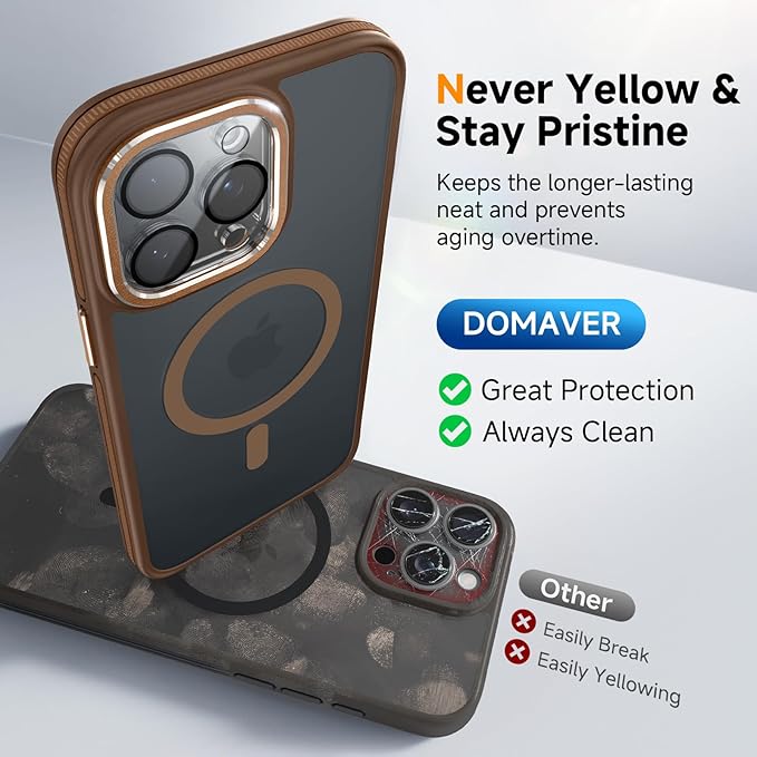 DOMAVER Magnetic 3 in 1 for iPhone 15 Pro Case, [Omni-Directional Protection] with 1x Screen Protector + 1x Camera Cover, [Seamless Work with Magsafe] Protective Silm Case for iPhone 15 Pro Brown