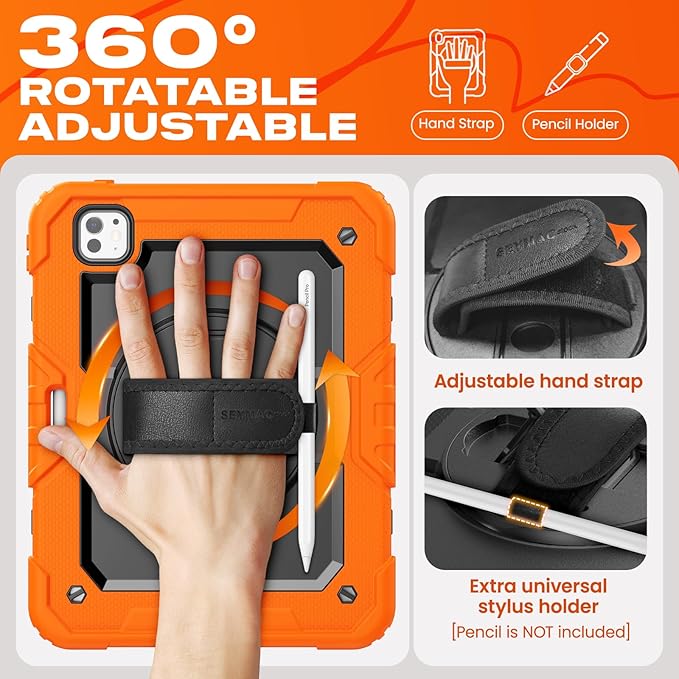 SEYMAC stock Case for iPad Pro 11-inch M5-M4 2025-2024, Shockproof Heavy Duty Case with Screen Protector, Pencil Holder, Rotating Stand, Hand Strap, Shoulder Strap, Orange