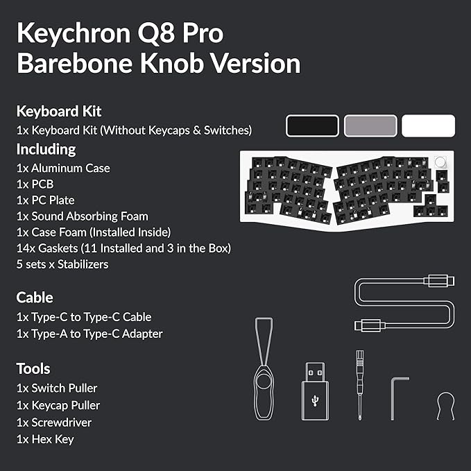 Keychron Q8 Pro QMK/VIA Programmable Custom Mechanical Keyboard, Wireless Bluetooth/Wired, 65% Alice Layout Ergonomic, Hot-Swappable, RGB Backlit Aluminum for Mac Windows Linux-Barebone Version