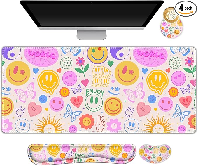 Large Gaming Mouse Pad Set, 4 in 1 Extended Keyboard Desk Mat with Wrist Rest, PC Computer Game Mousepad Set, Non-Slip Desk Pad Protector Easy Typing Pain Relief for Home Office I Hippie Smile