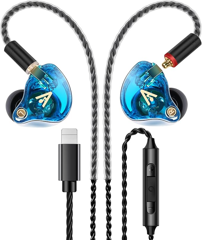 Vibes 202ML Wired Earbuds - HiFi in Ear Headphones for iPhone 5–14, Noise Isolating Ear Buds w/ Mic - Clear Sound, Deep Bass, Comfort-Fit Earphones - MMCX–LTN, Silver Plated Cord, Carrying Case