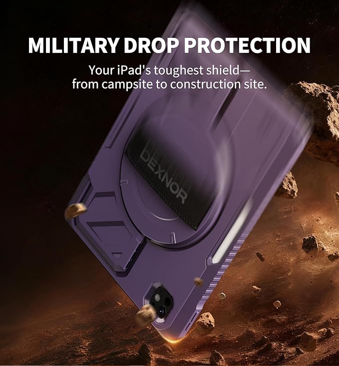 Dexnor for iPad Pro 11 inch Case M5 2025/M4 2024, Rugged Protective Case with 360° Rotating Hand Strap & Large Steady Stand & Screen Protector & Pencil Holder Shockproof Full-Body Bumper Cover, Purple