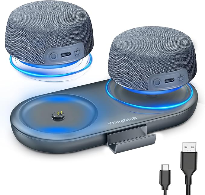 Dual Bluetooth Speaker Set with Magnetic Base & Phone Stand - TWS Stereo Sound, 10H Playtime, 3H with RGB Music Lights on - Wireless Speaker for Home Theater, Outdoor, TV Watching (BH132AE)