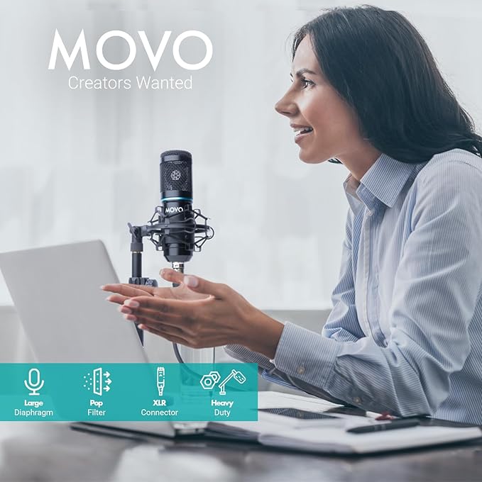 Movo PodPak Podcast Equipment Bundle with XLR Condenser Microphone, Articulating Scissor Arm, and Pop Filter - XLR Mic for Podcasting, Streaming, YouTube, Music, ASMR - Content Creator Studio Mic
