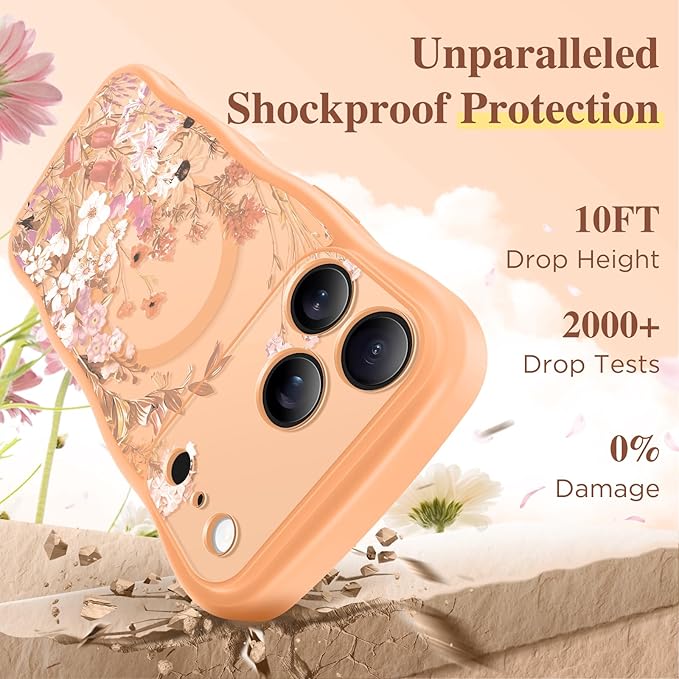 GVIEWIN for iPhone 17 Pro Case Compatible with MagSafe [Curly Wave Edge][Full Camera Protection] Floral Translucent Shockproof Magnetic Women Phone Case for iPhone 17 Pro 6.3'', Campanula/Orange
