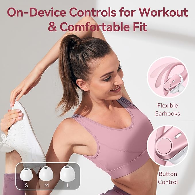 Active Noise Cancelling Wireless Earbuds Bluetooth Headphones 80H Playtime Ear Buds with Power Display Case Hi-Res Sound & Clear Calls Over Ear Hooks Earphones for Sports Running Gym Workout Rose Gold